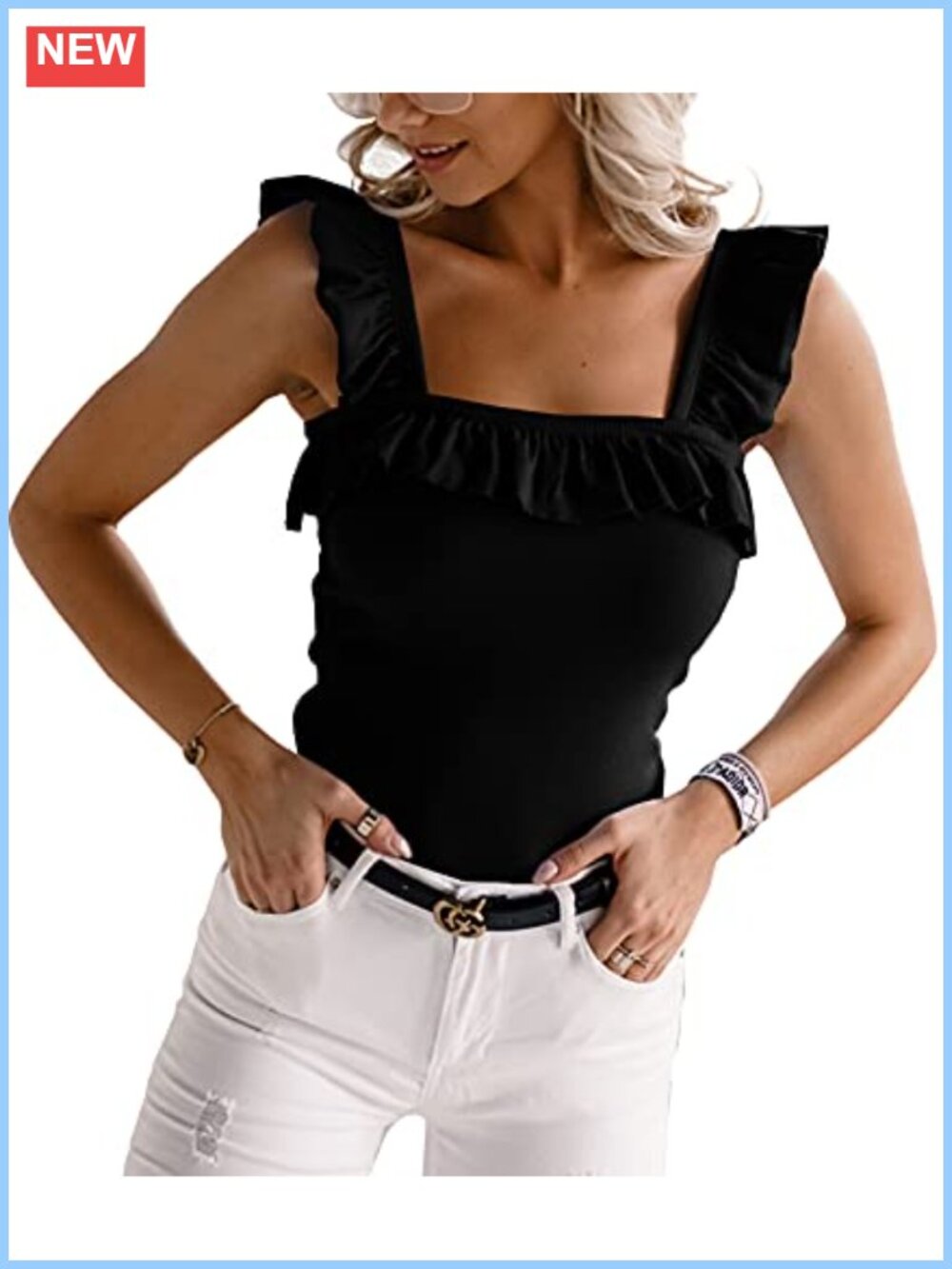 Womens Ruffle Strap Tank Top Sleeveless Square Neck Knit Camisole